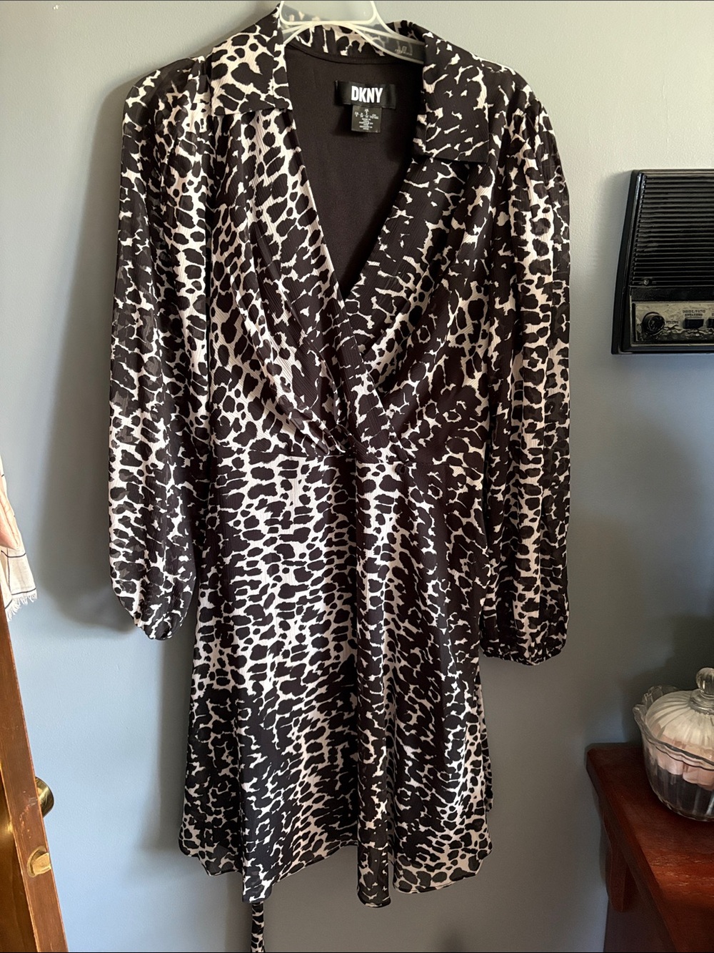 DKNY Black and White Animal Print Wrap dress